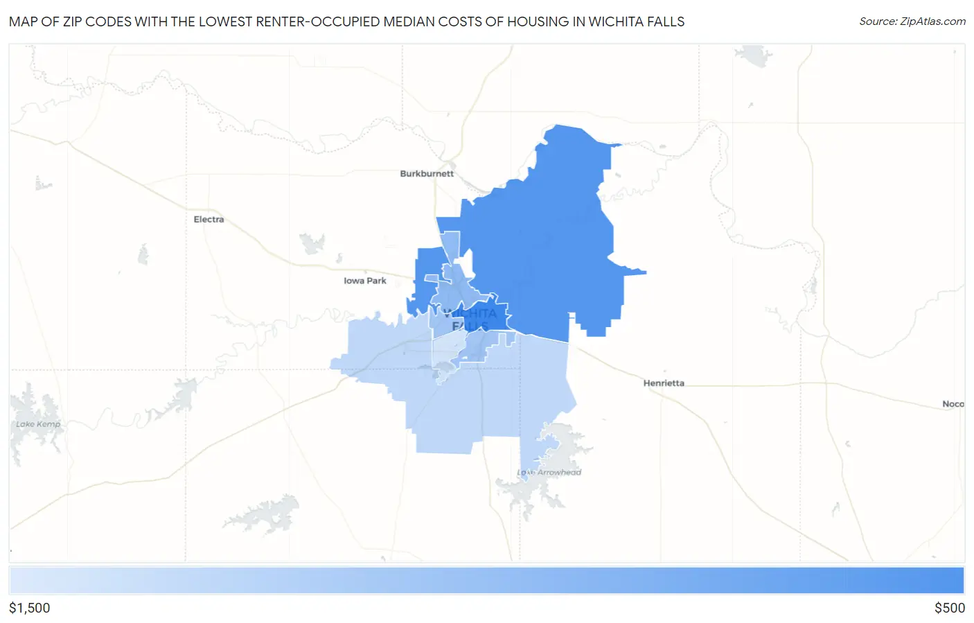 Zip Codes with the Lowest Renter-Occupied Median Costs of Housing in Wichita Falls Map