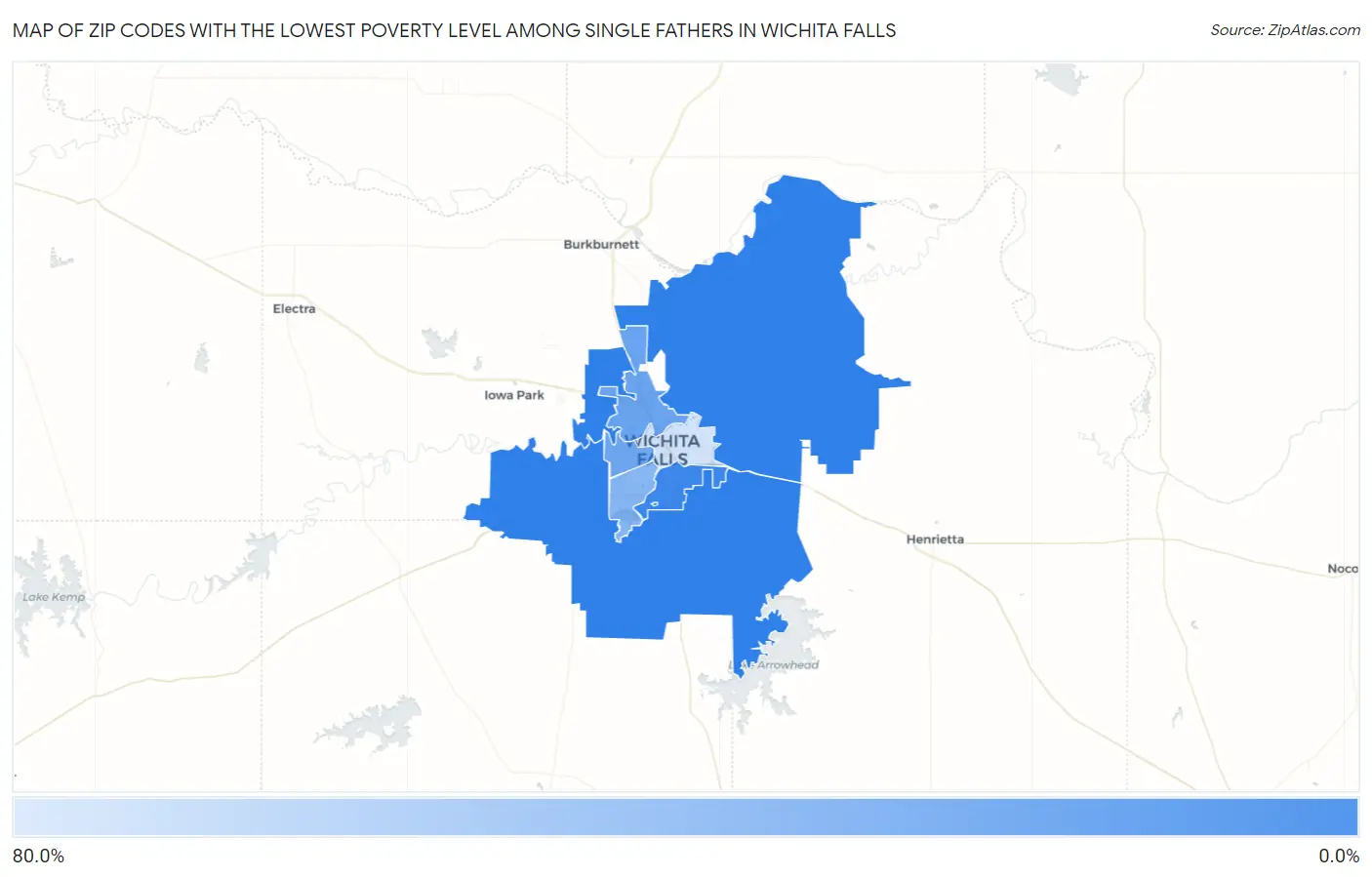 Zip Codes with the Lowest Poverty Level Among Single Fathers in Wichita Falls Map