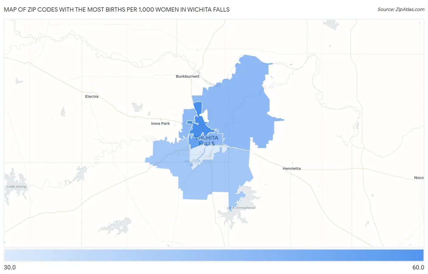 Zip Codes with the Most Births per 1,000 Women in Wichita Falls Map