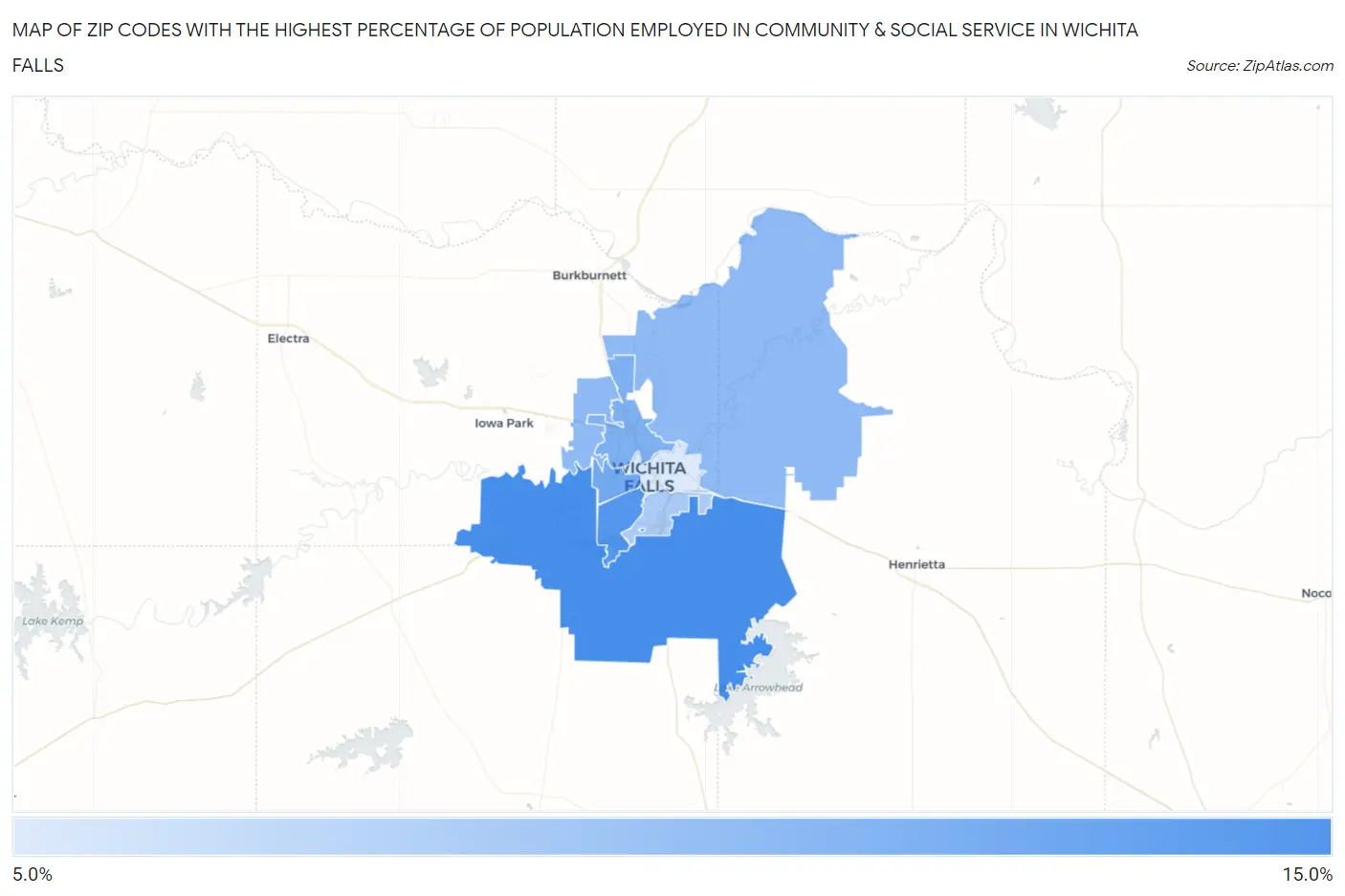 Zip Codes with the Highest Percentage of Population Employed in Community & Social Service  in Wichita Falls Map
