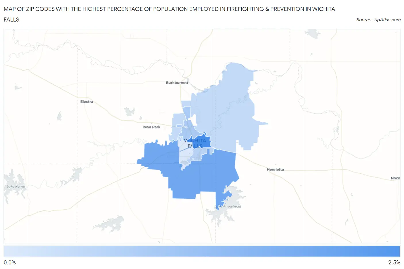 Zip Codes with the Highest Percentage of Population Employed in Firefighting & Prevention in Wichita Falls Map