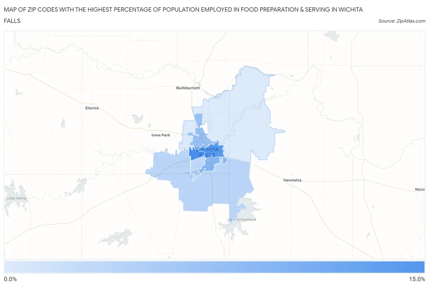 Zip Codes with the Highest Percentage of Population Employed in Food Preparation & Serving in Wichita Falls Map