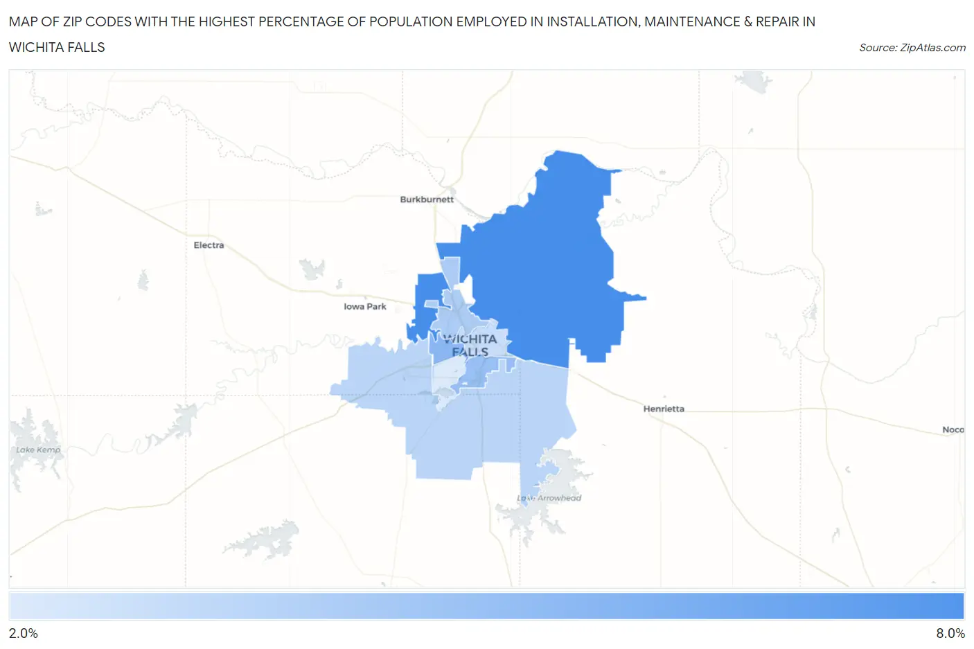 Zip Codes with the Highest Percentage of Population Employed in Installation, Maintenance & Repair in Wichita Falls Map