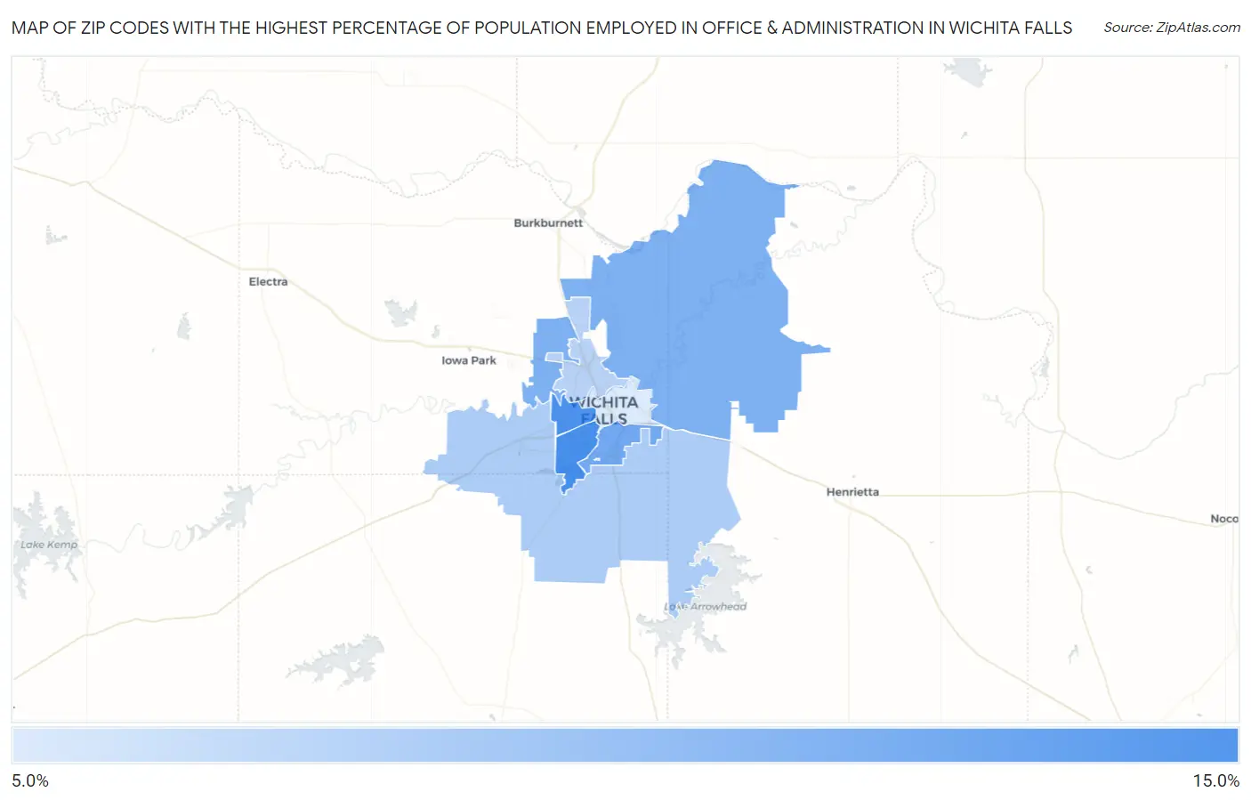 Zip Codes with the Highest Percentage of Population Employed in Office & Administration in Wichita Falls Map