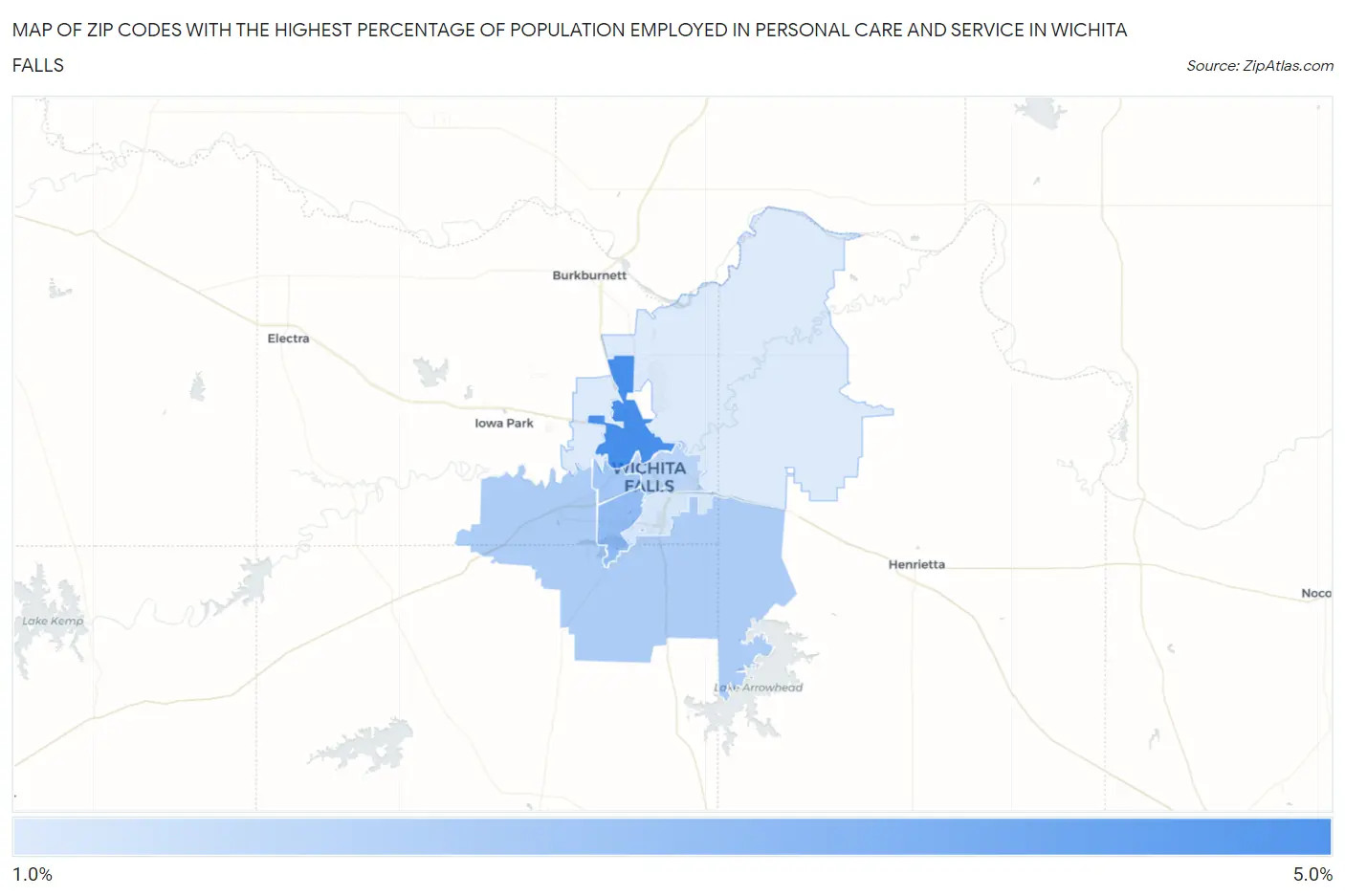 Zip Codes with the Highest Percentage of Population Employed in Personal Care and Service in Wichita Falls Map