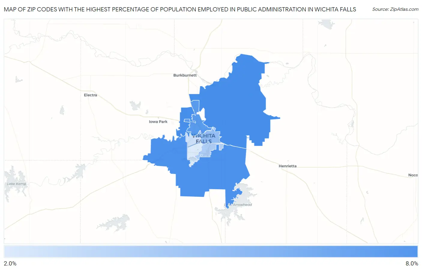 Zip Codes with the Highest Percentage of Population Employed in Public Administration in Wichita Falls Map