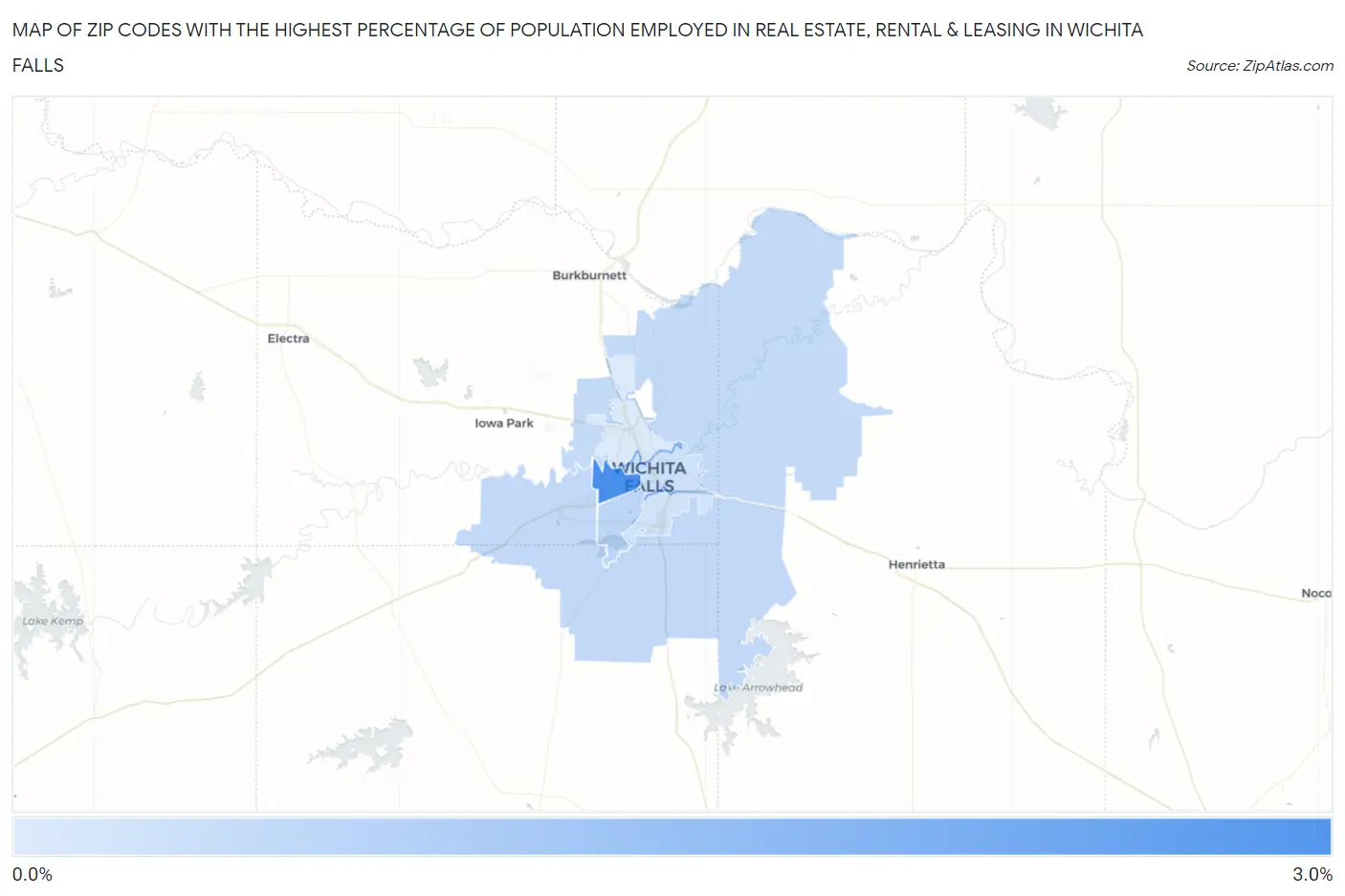 Zip Codes with the Highest Percentage of Population Employed in Real Estate, Rental & Leasing in Wichita Falls Map