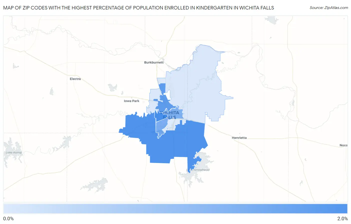 Zip Codes with the Highest Percentage of Population Enrolled in Kindergarten in Wichita Falls Map