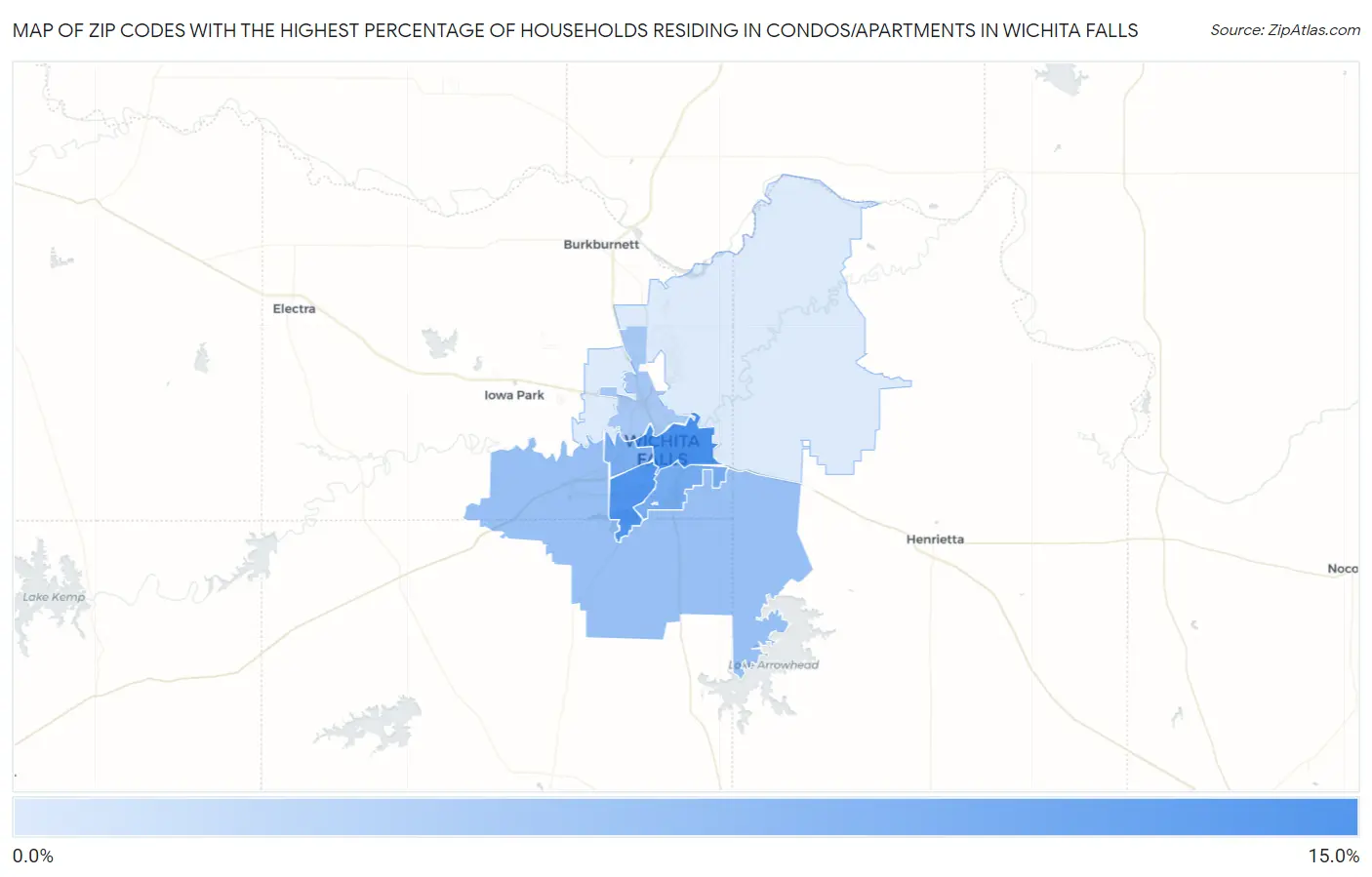 Zip Codes with the Highest Percentage of Households Residing in Condos/Apartments in Wichita Falls Map