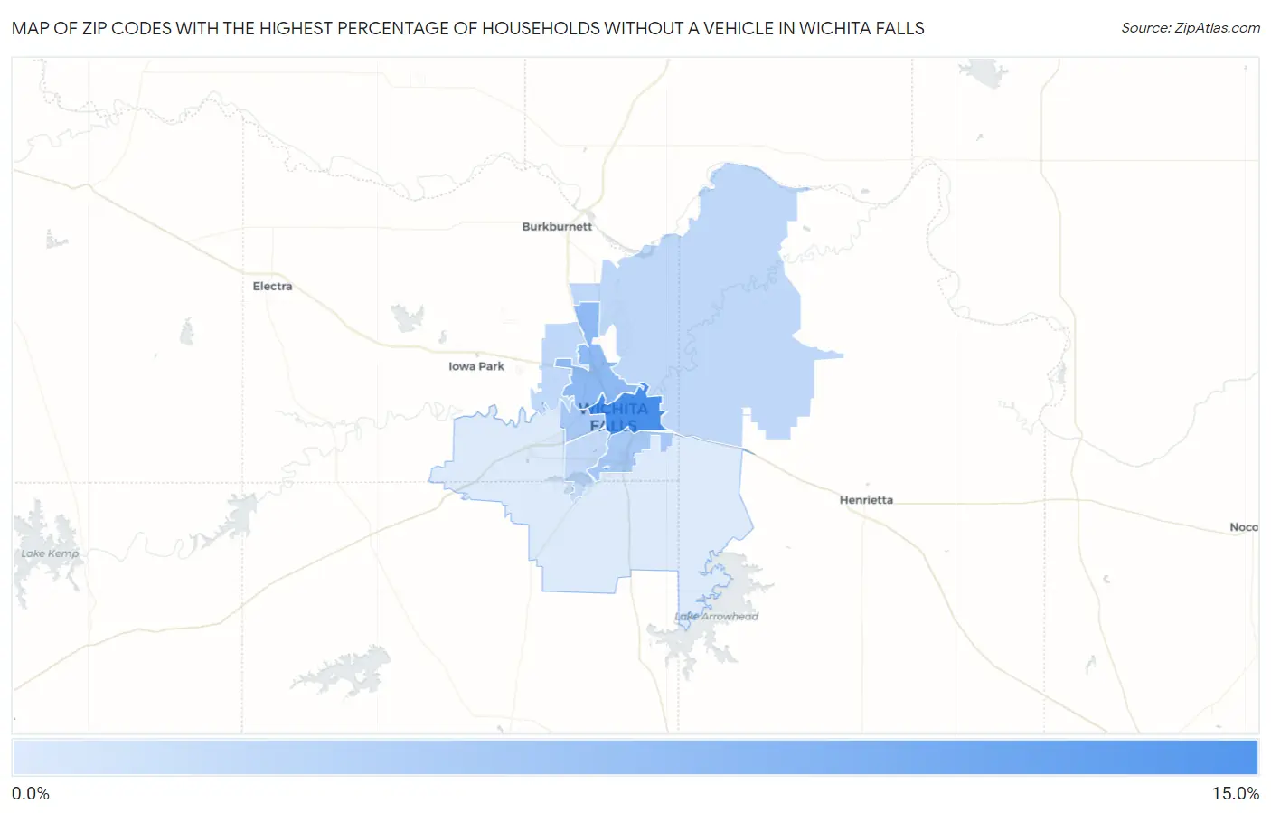 Zip Codes with the Highest Percentage of Households Without a Vehicle in Wichita Falls Map
