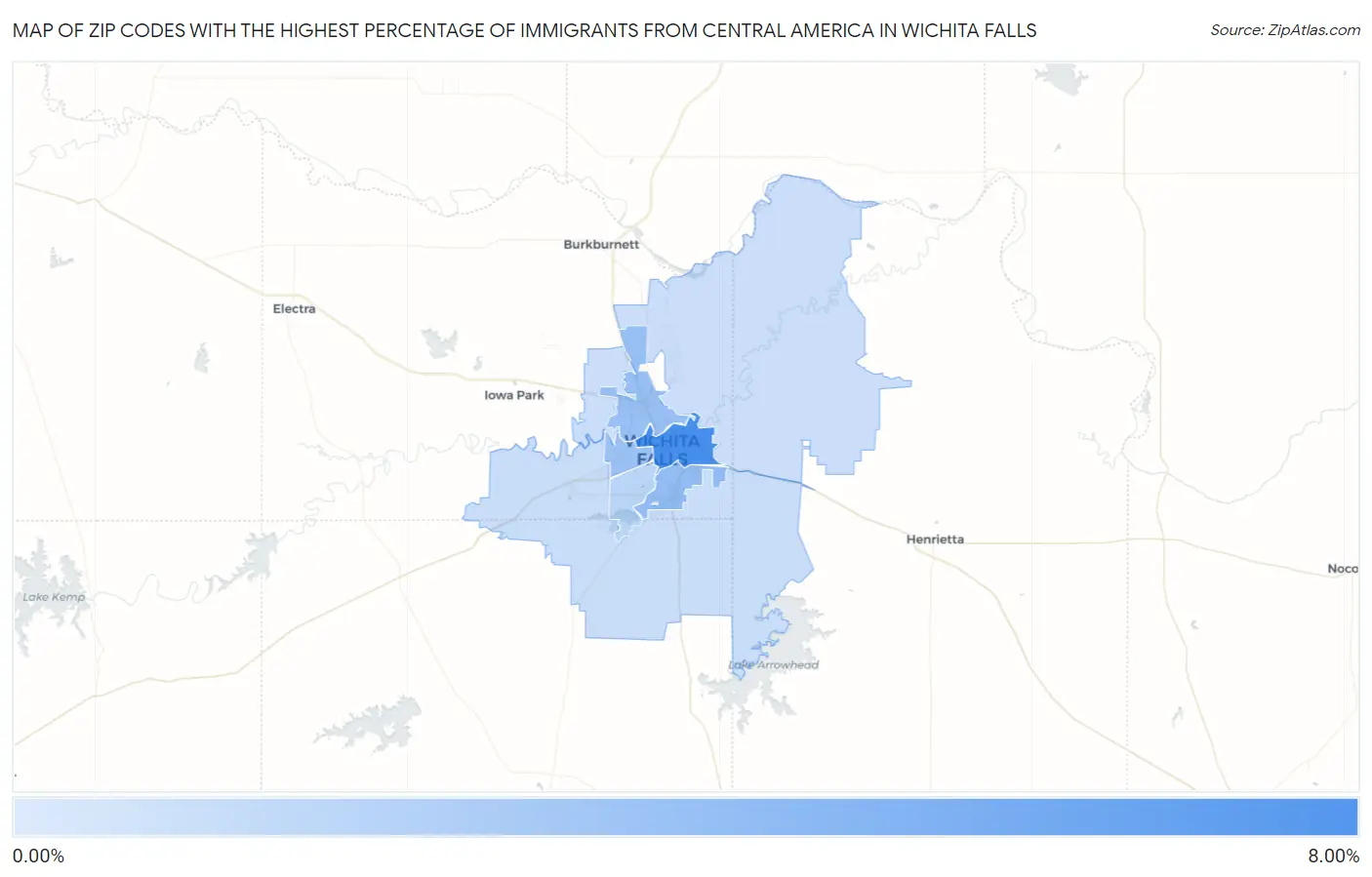 Zip Codes with the Highest Percentage of Immigrants from Central America in Wichita Falls Map