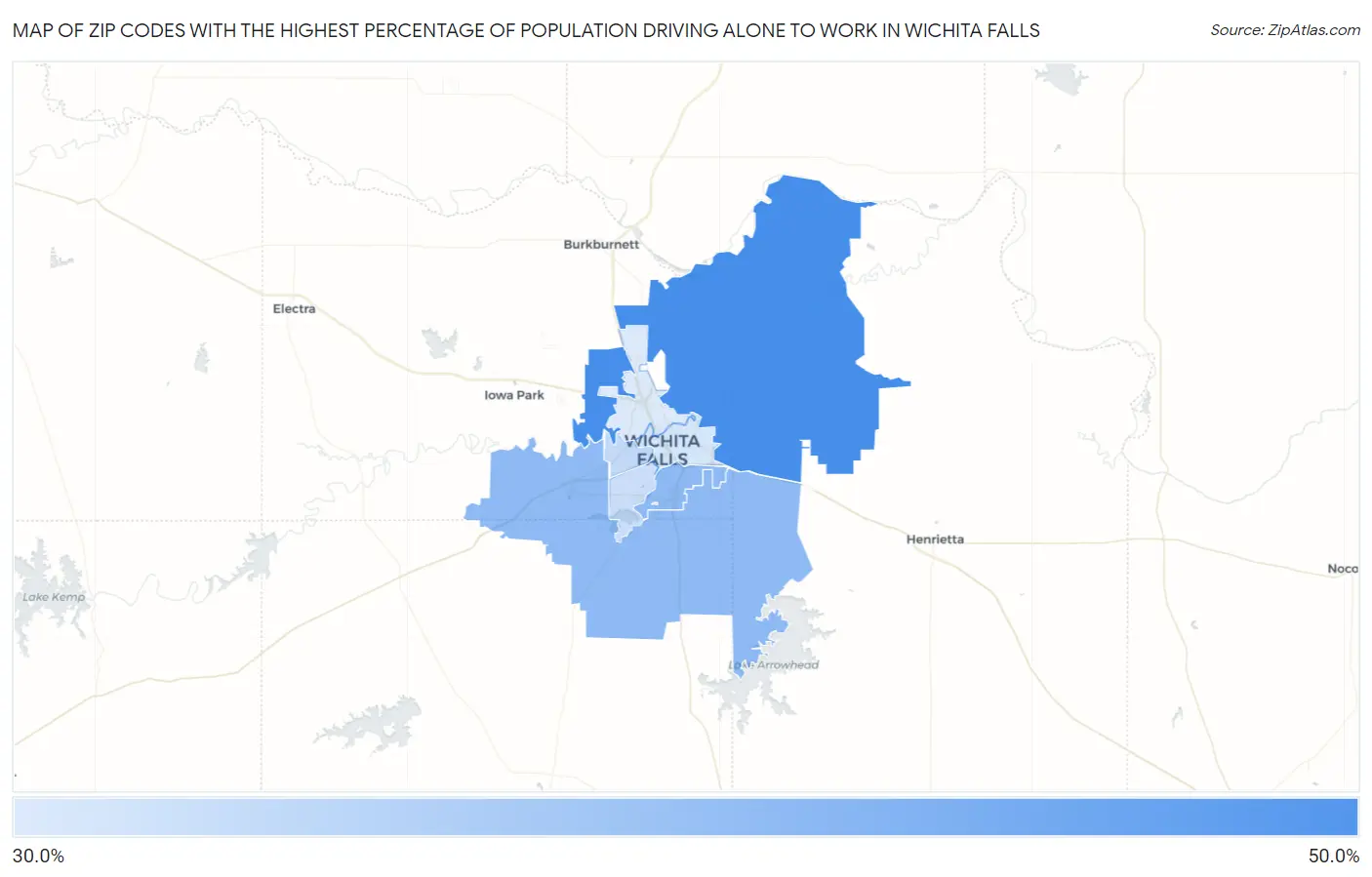 Zip Codes with the Highest Percentage of Population Driving Alone to Work in Wichita Falls Map