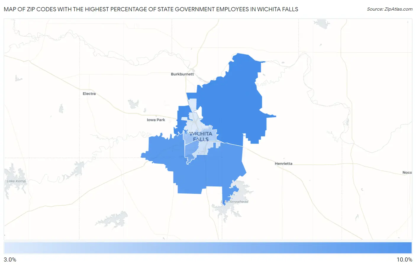 Zip Codes with the Highest Percentage of State Government Employees in Wichita Falls Map