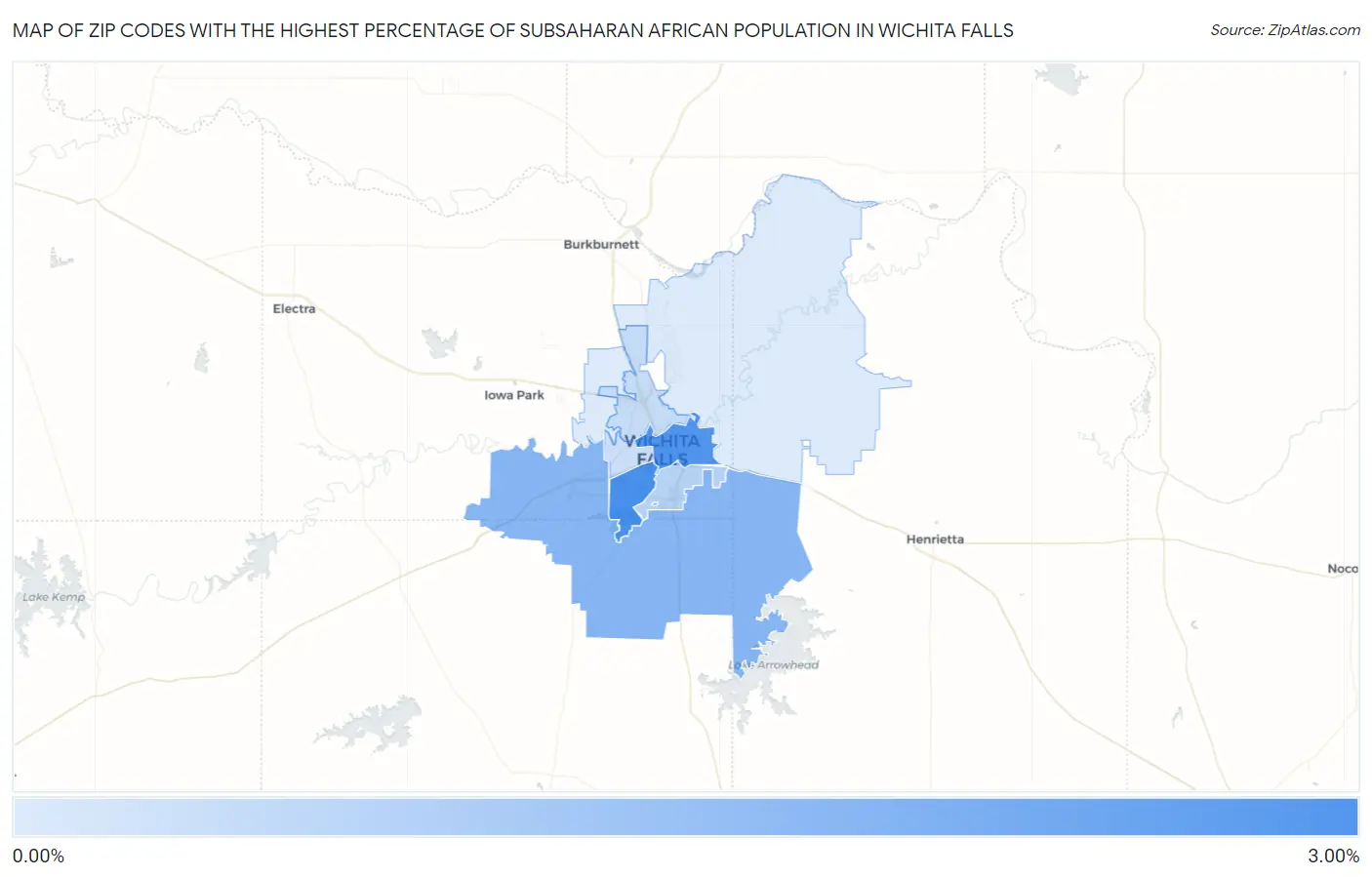 Zip Codes with the Highest Percentage of Subsaharan African Population in Wichita Falls Map