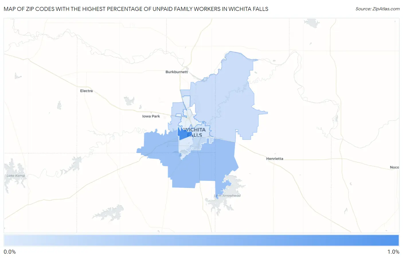 Zip Codes with the Highest Percentage of Unpaid Family Workers in Wichita Falls Map