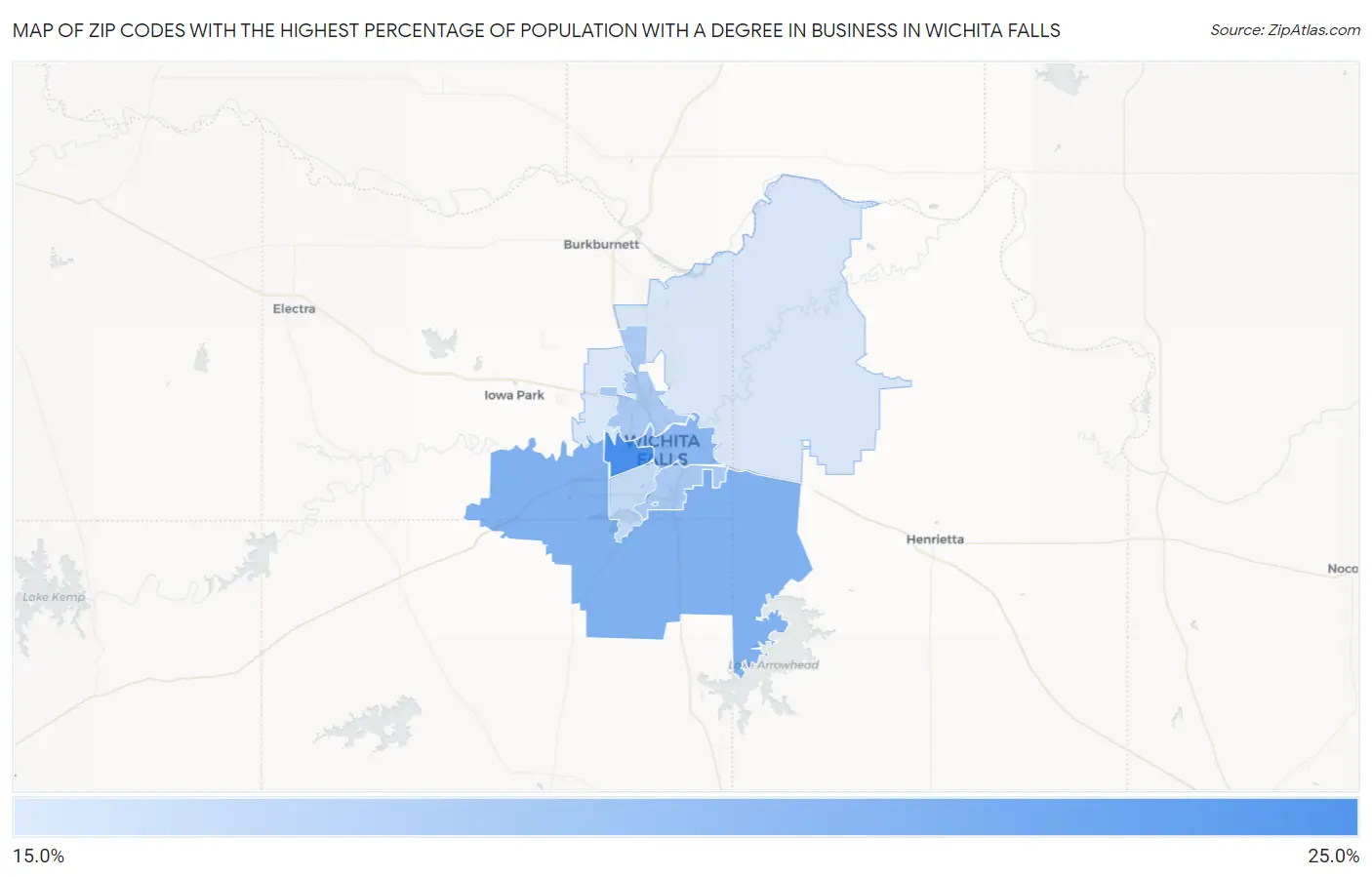 Zip Codes with the Highest Percentage of Population with a Degree in Business in Wichita Falls Map