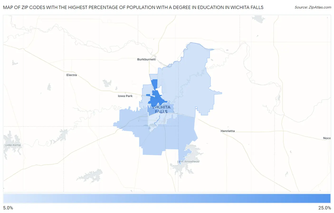 Zip Codes with the Highest Percentage of Population with a Degree in Education in Wichita Falls Map