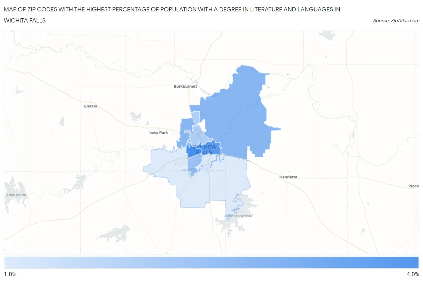 Zip Codes with the Highest Percentage of Population with a Degree in Literature and Languages in Wichita Falls Map