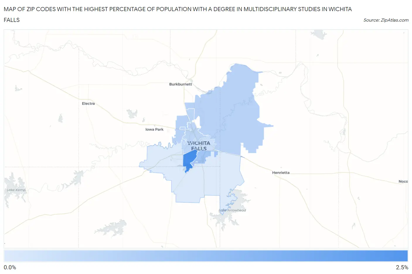 Zip Codes with the Highest Percentage of Population with a Degree in Multidisciplinary Studies in Wichita Falls Map