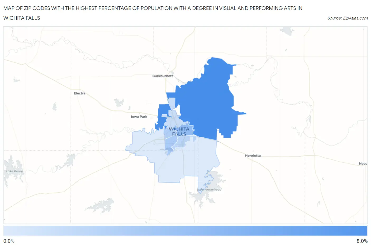 Zip Codes with the Highest Percentage of Population with a Degree in Visual and Performing Arts in Wichita Falls Map
