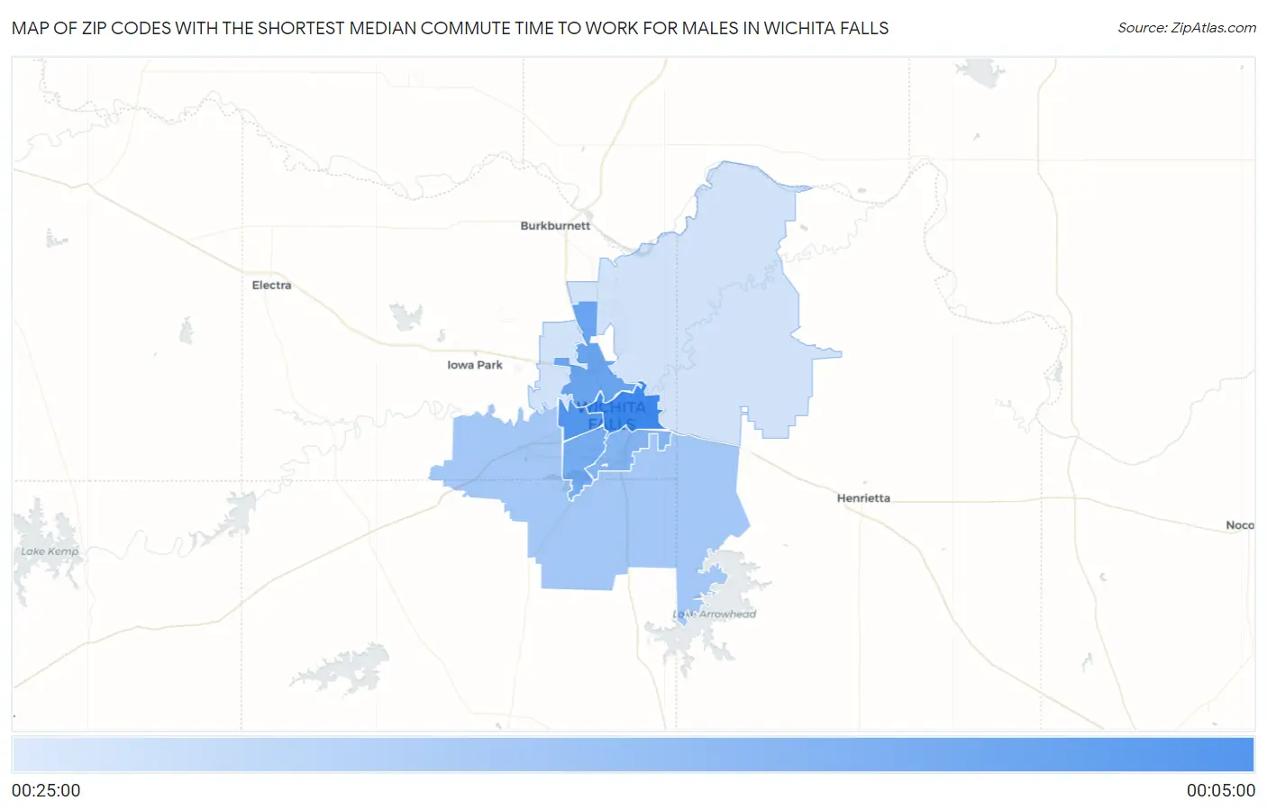 Zip Codes with the Shortest Median Commute Time to Work for Males in Wichita Falls Map