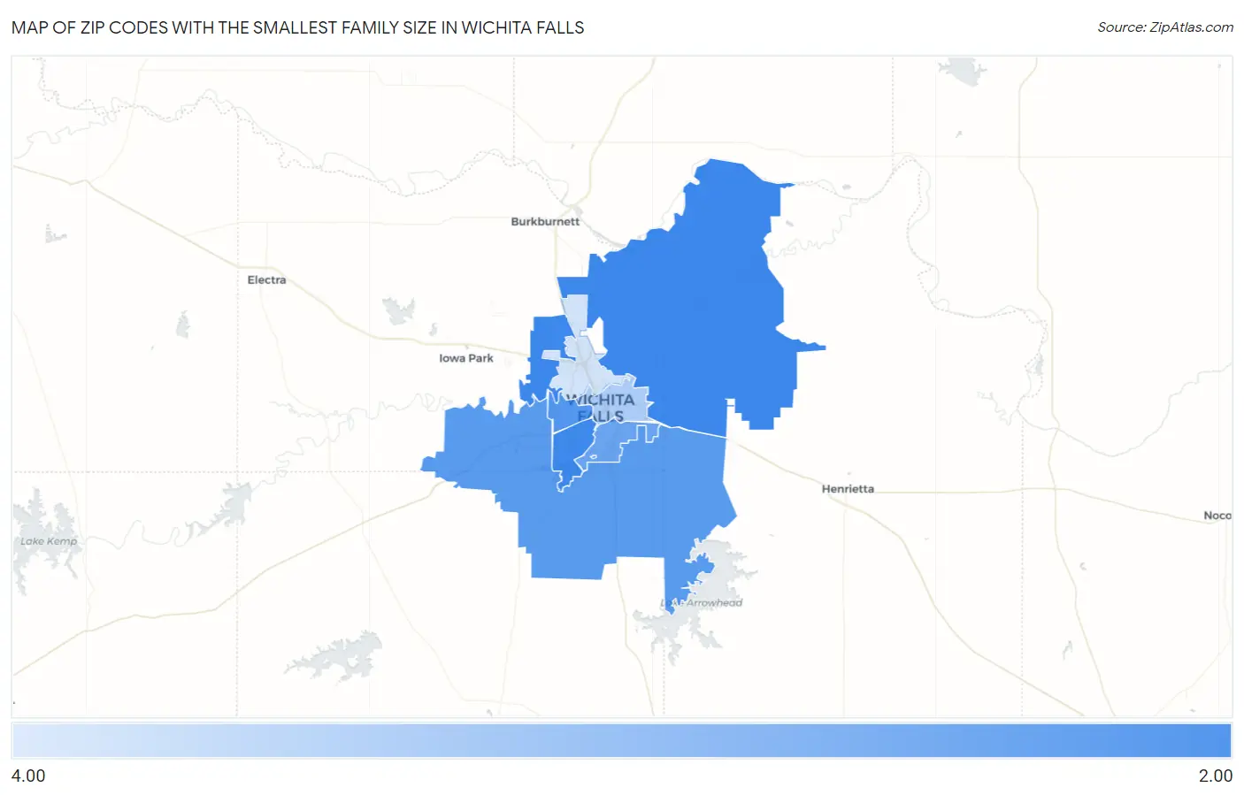 Zip Codes with the Smallest Family Size in Wichita Falls Map