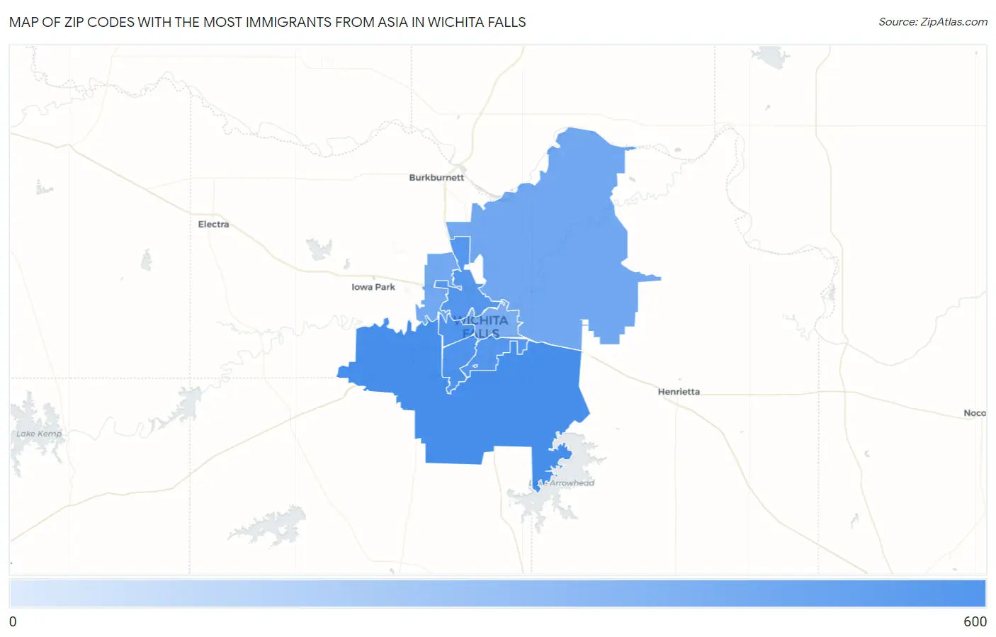 Zip Codes with the Most Immigrants from Asia in Wichita Falls Map