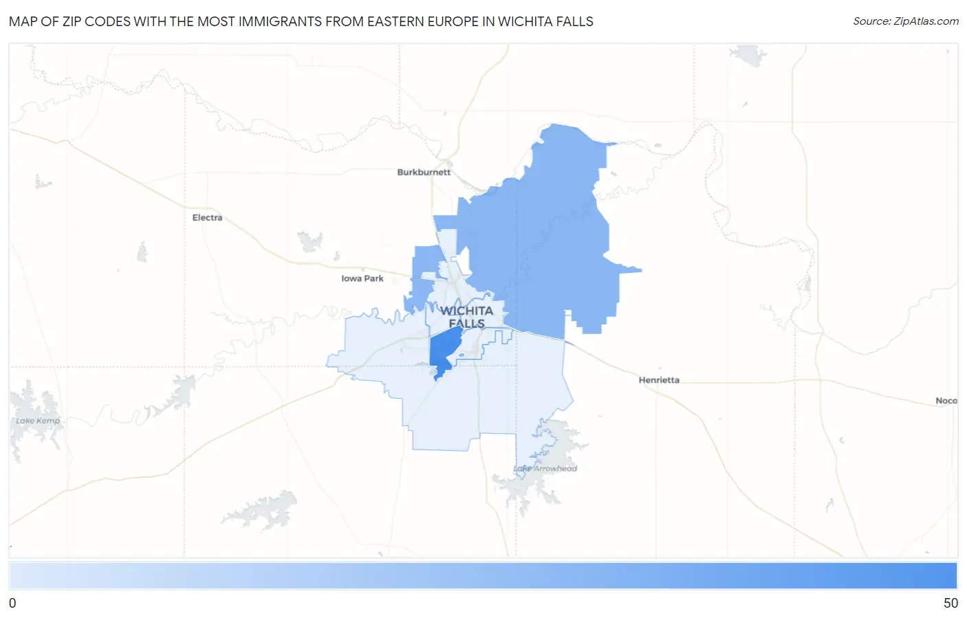 Zip Codes with the Most Immigrants from Eastern Europe in Wichita Falls Map