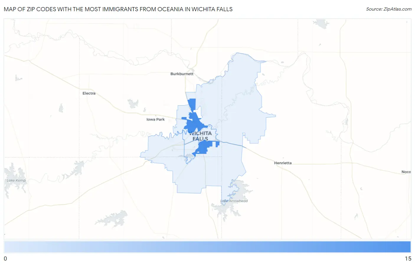Zip Codes with the Most Immigrants from Oceania in Wichita Falls Map