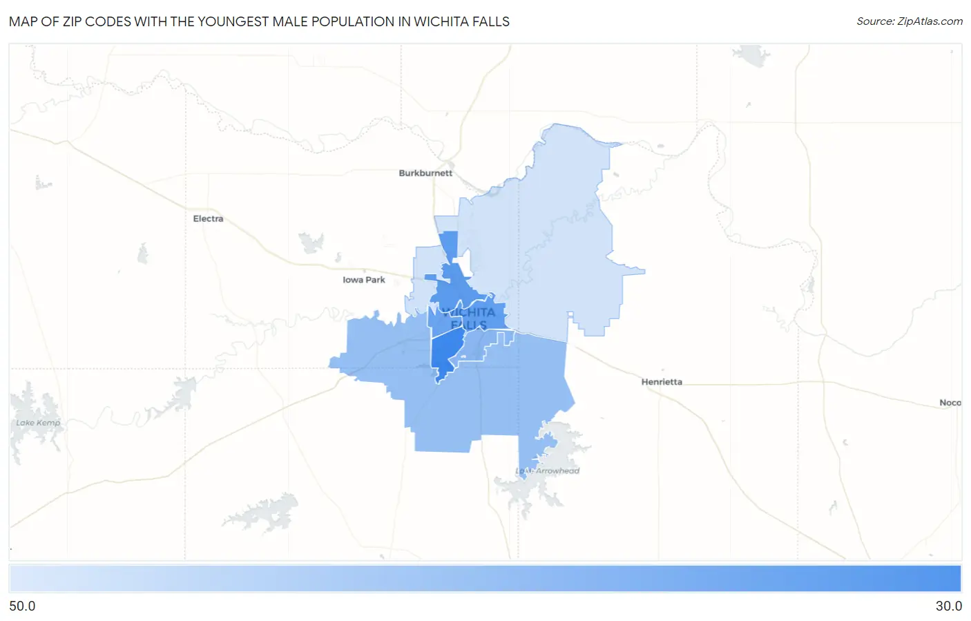 Zip Codes with the Youngest Male Population in Wichita Falls Map