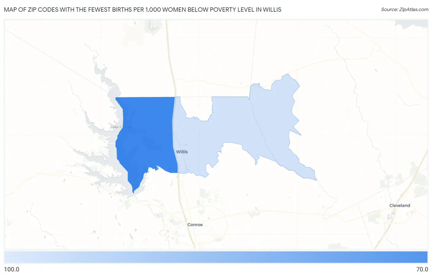 Zip Codes with the Fewest Births per 1,000 Women Below Poverty Level in Willis Map