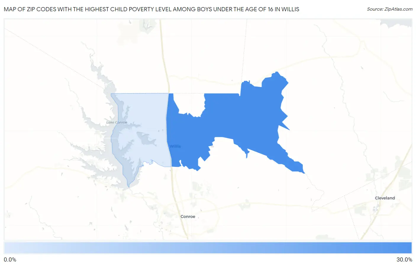 Zip Codes with the Highest Child Poverty Level Among Boys Under the Age of 16 in Willis Map