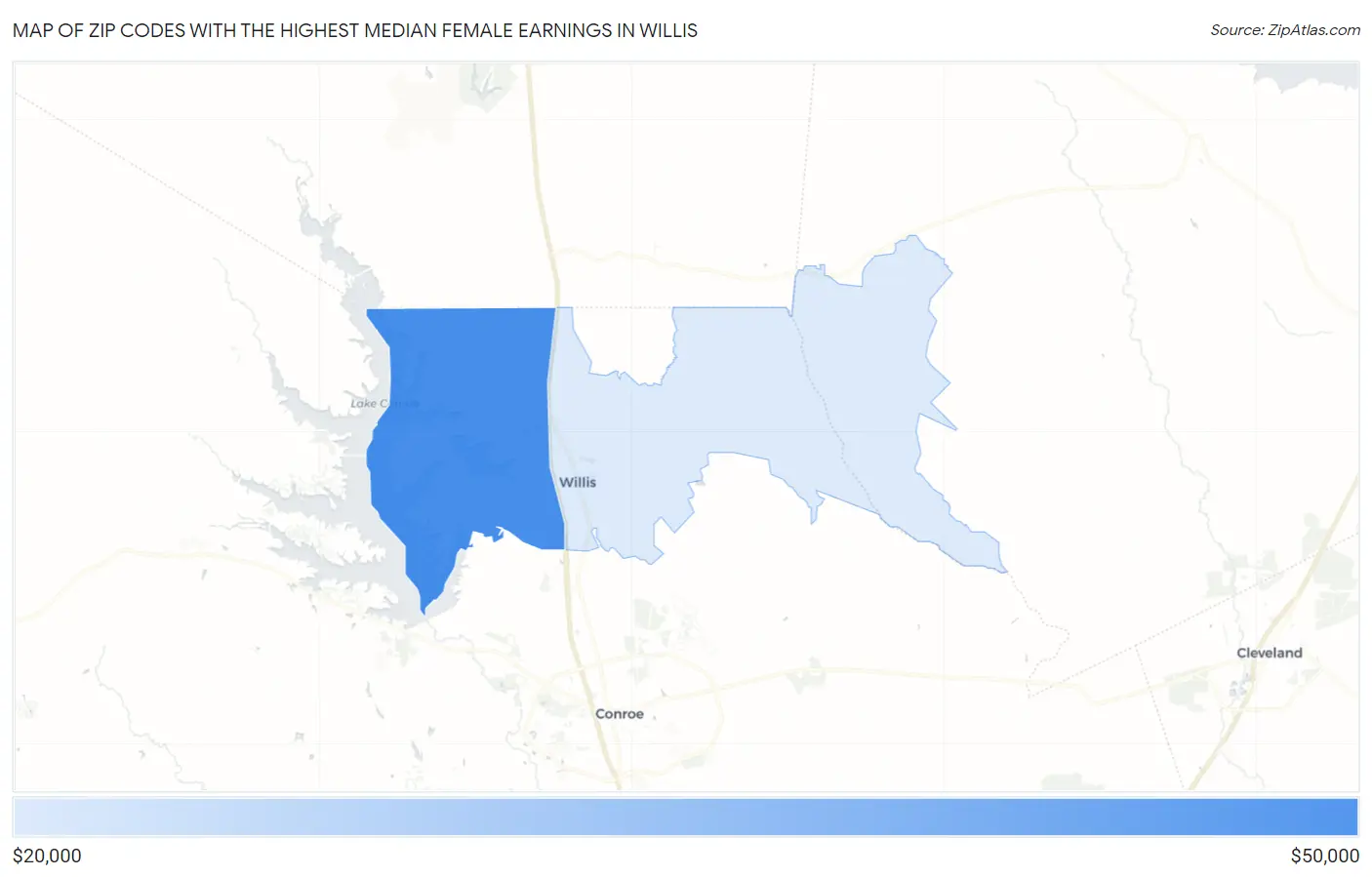 Zip Codes with the Highest Median Female Earnings in Willis Map