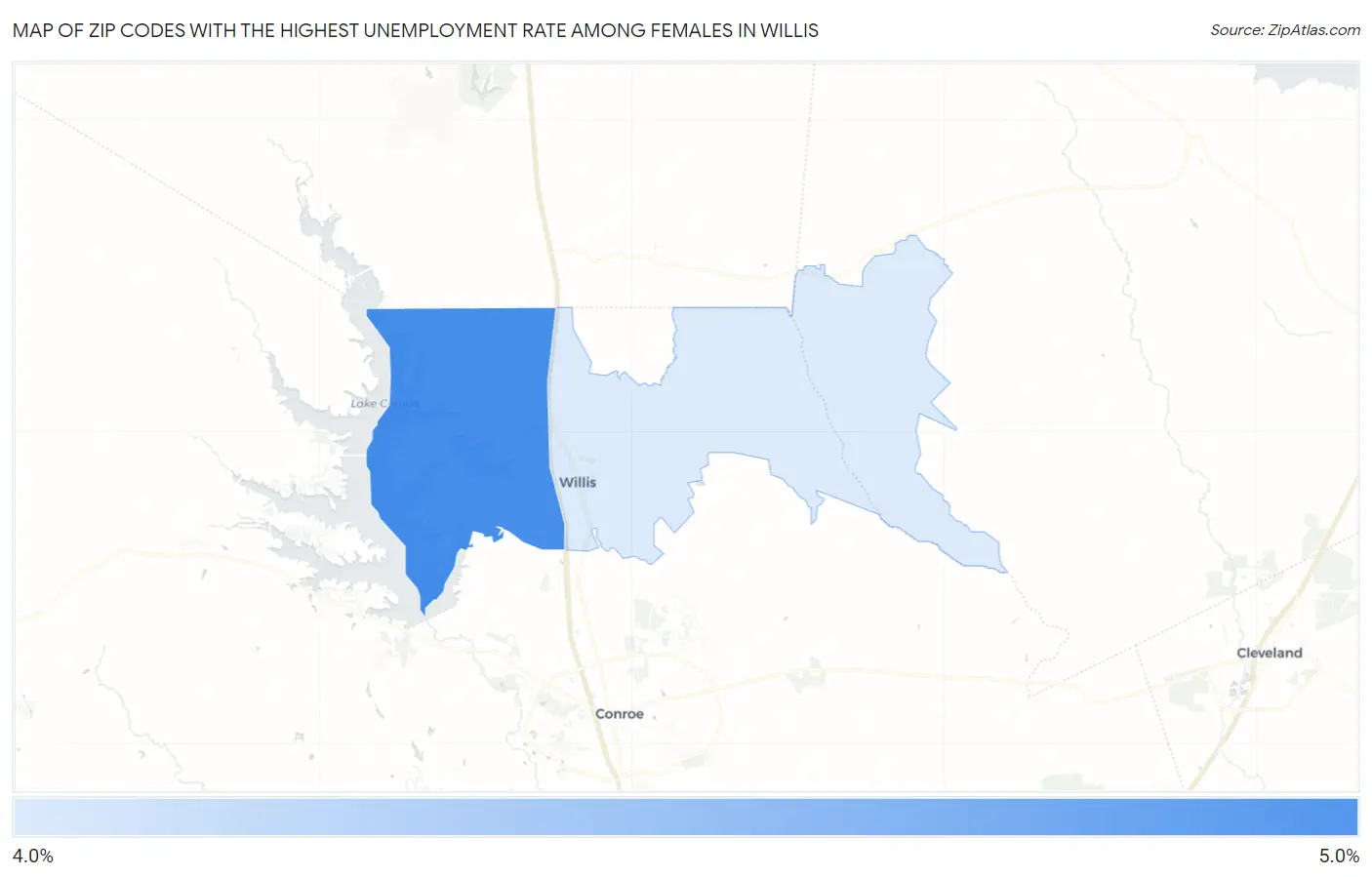 Zip Codes with the Highest Unemployment Rate Among Females in Willis Map