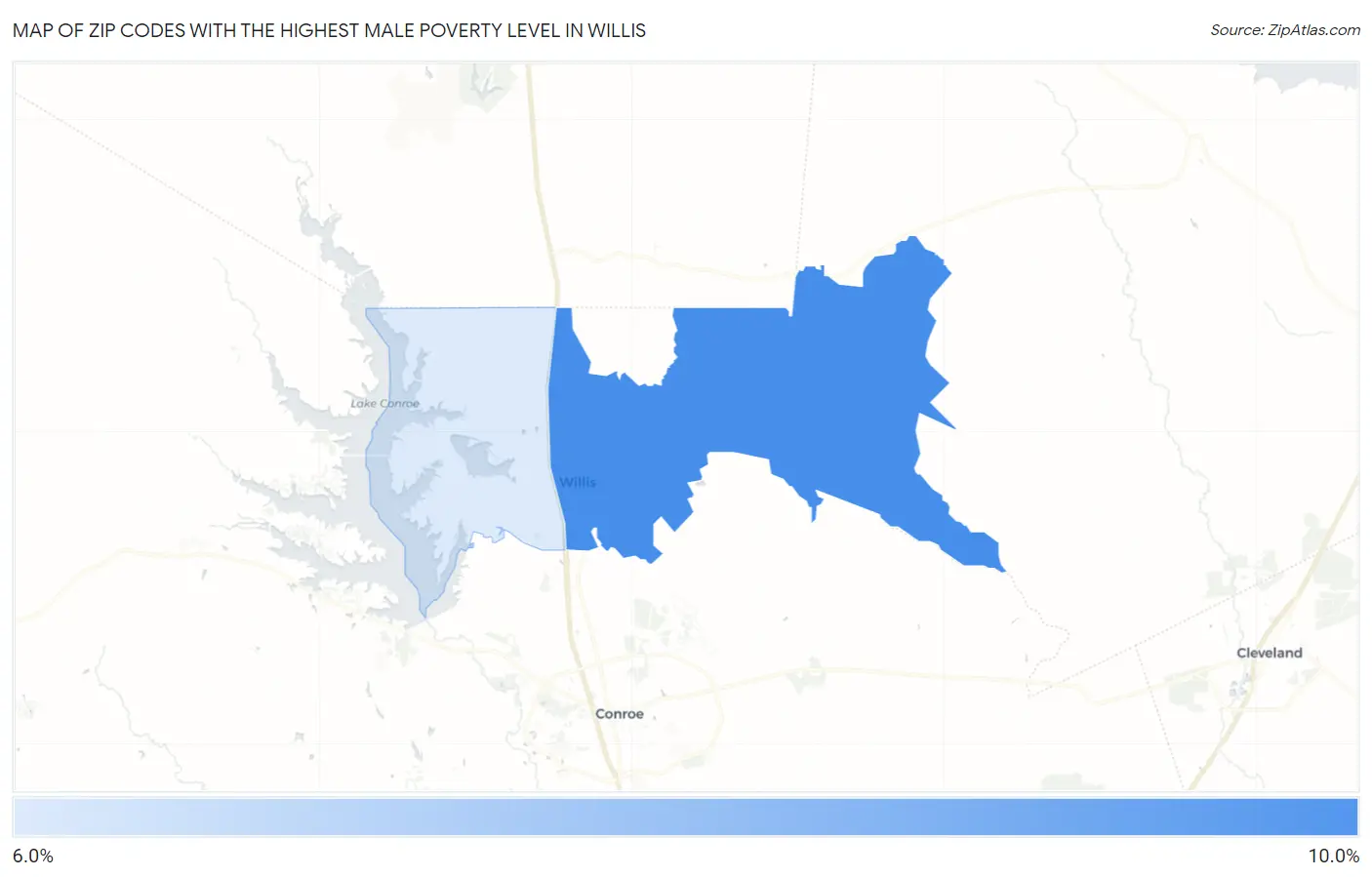 Zip Codes with the Highest Male Poverty Level in Willis Map