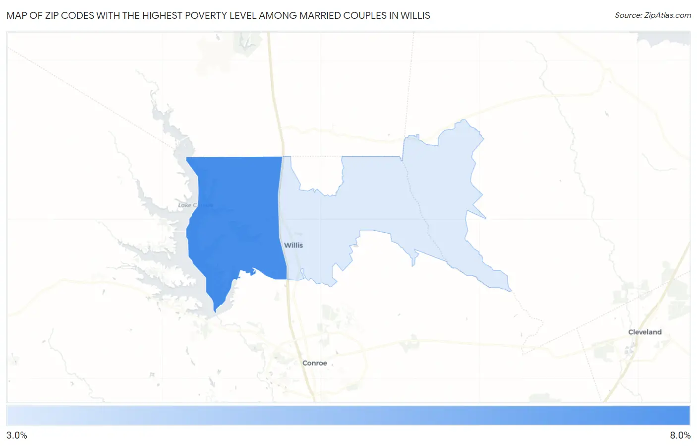 Zip Codes with the Highest Poverty Level Among Married Couples in Willis Map