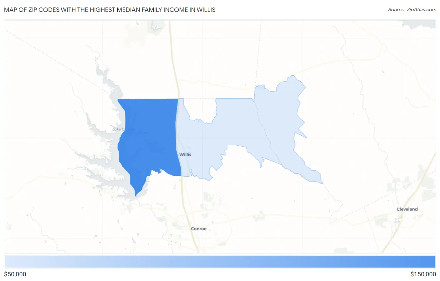 Zip Codes with the Highest Median Family Income in Willis Map
