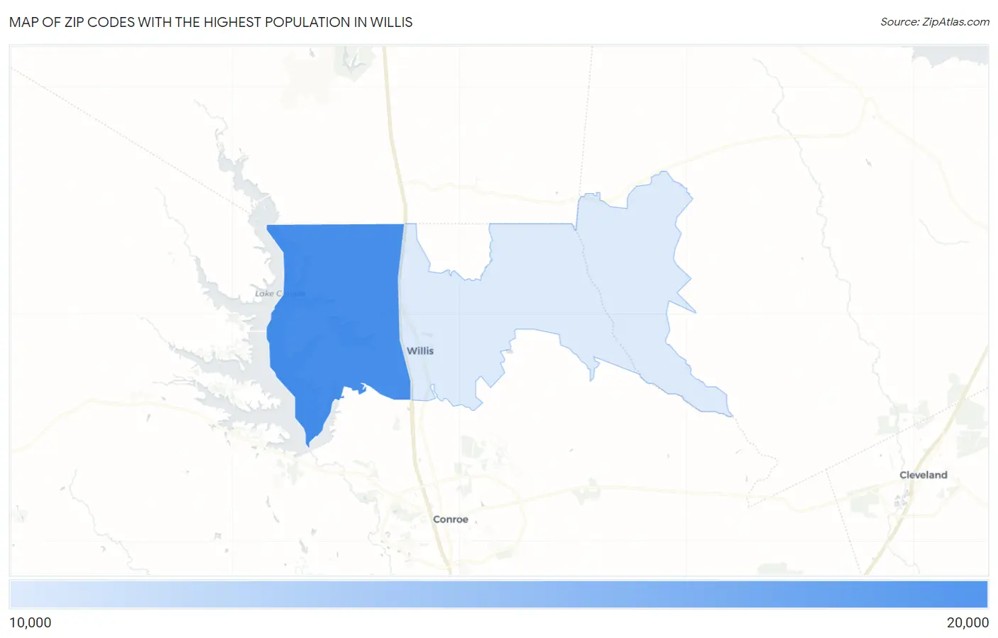 Zip Codes with the Highest Population in Willis Map