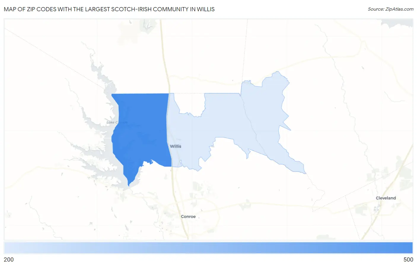 Zip Codes with the Largest Scotch-Irish Community in Willis Map