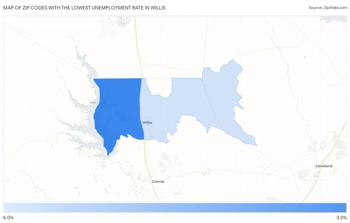 Zip Codes with the Lowest Unemployment Rate in Willis Map