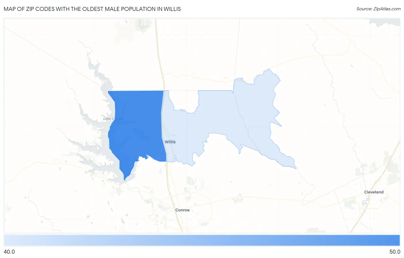 Zip Codes with the Oldest Male Population in Willis Map
