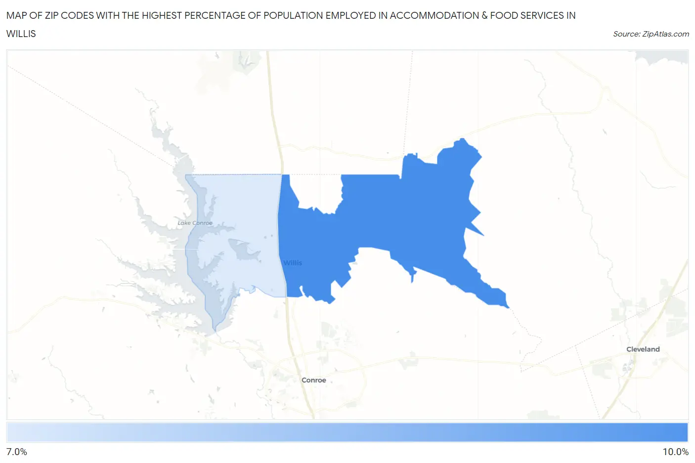 Zip Codes with the Highest Percentage of Population Employed in Accommodation & Food Services in Willis Map