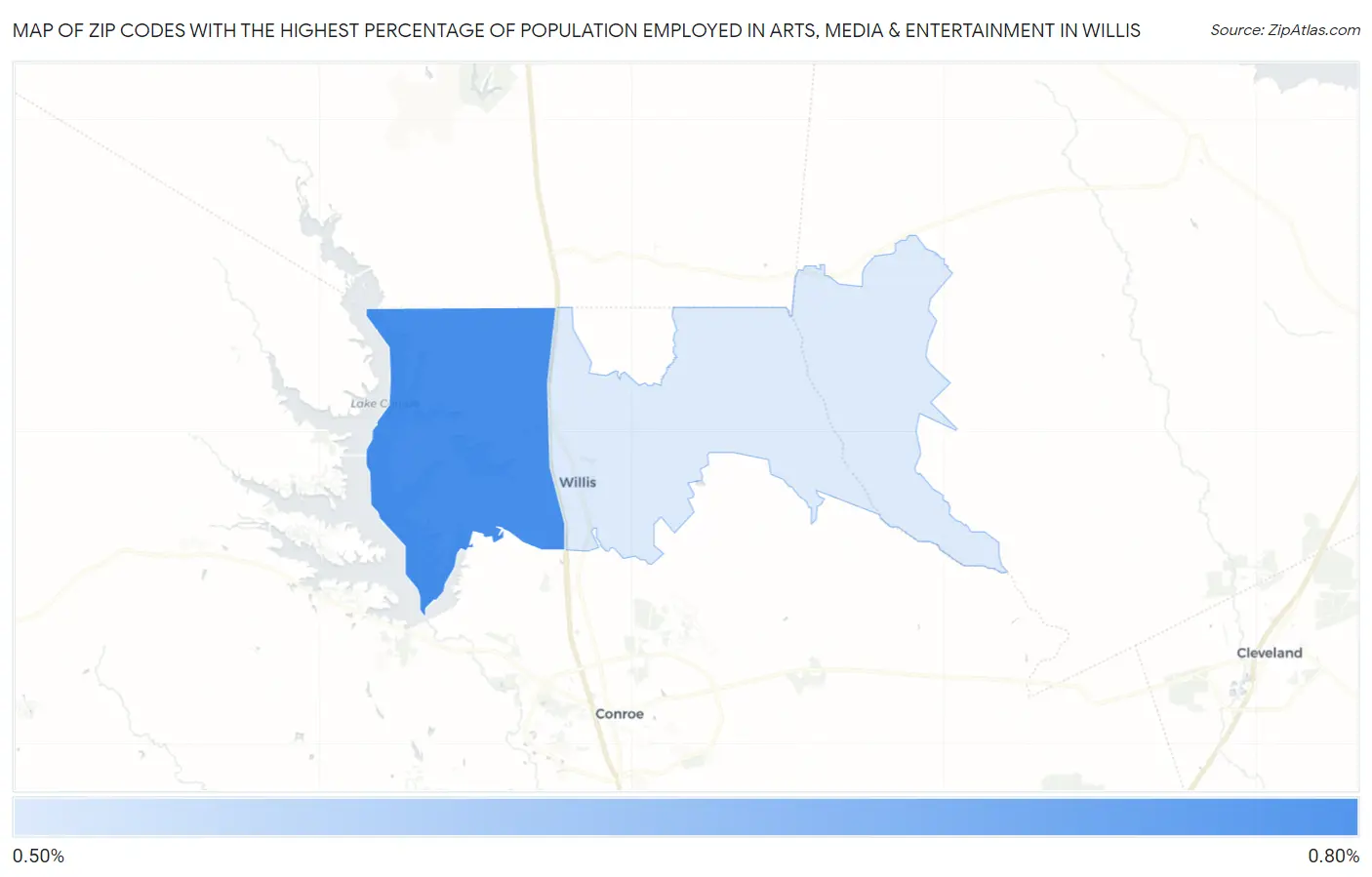 Zip Codes with the Highest Percentage of Population Employed in Arts, Media & Entertainment in Willis Map