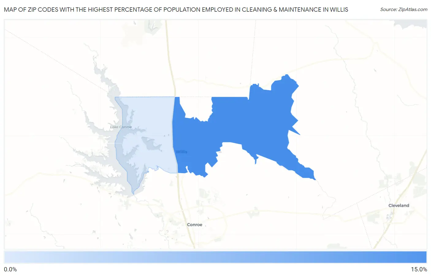 Zip Codes with the Highest Percentage of Population Employed in Cleaning & Maintenance in Willis Map