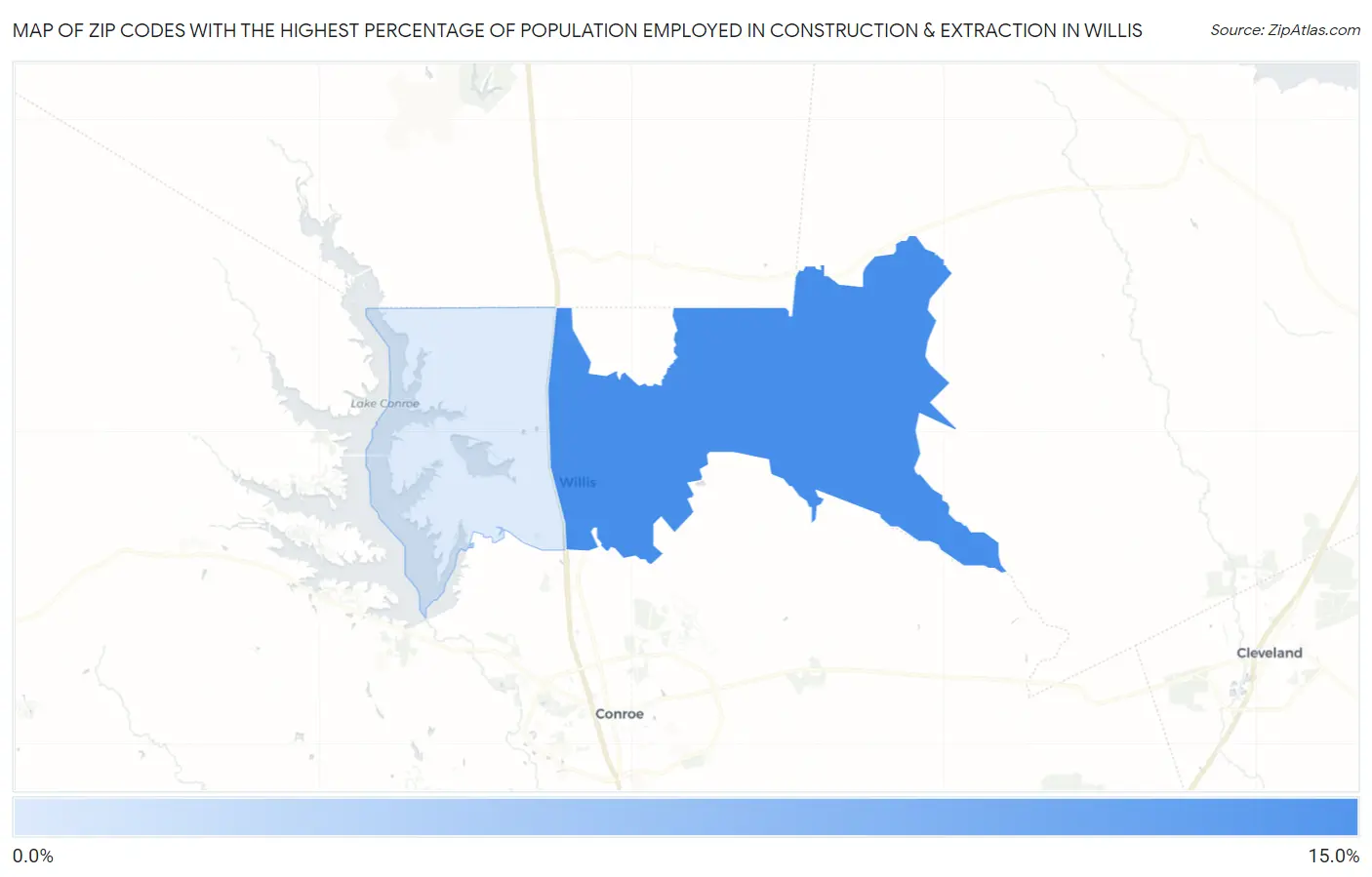 Zip Codes with the Highest Percentage of Population Employed in Construction & Extraction in Willis Map