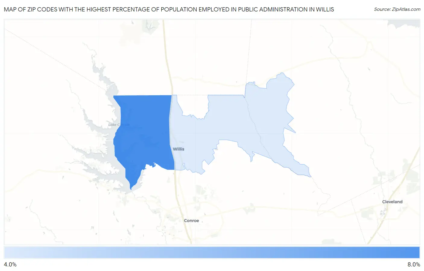 Zip Codes with the Highest Percentage of Population Employed in Public Administration in Willis Map