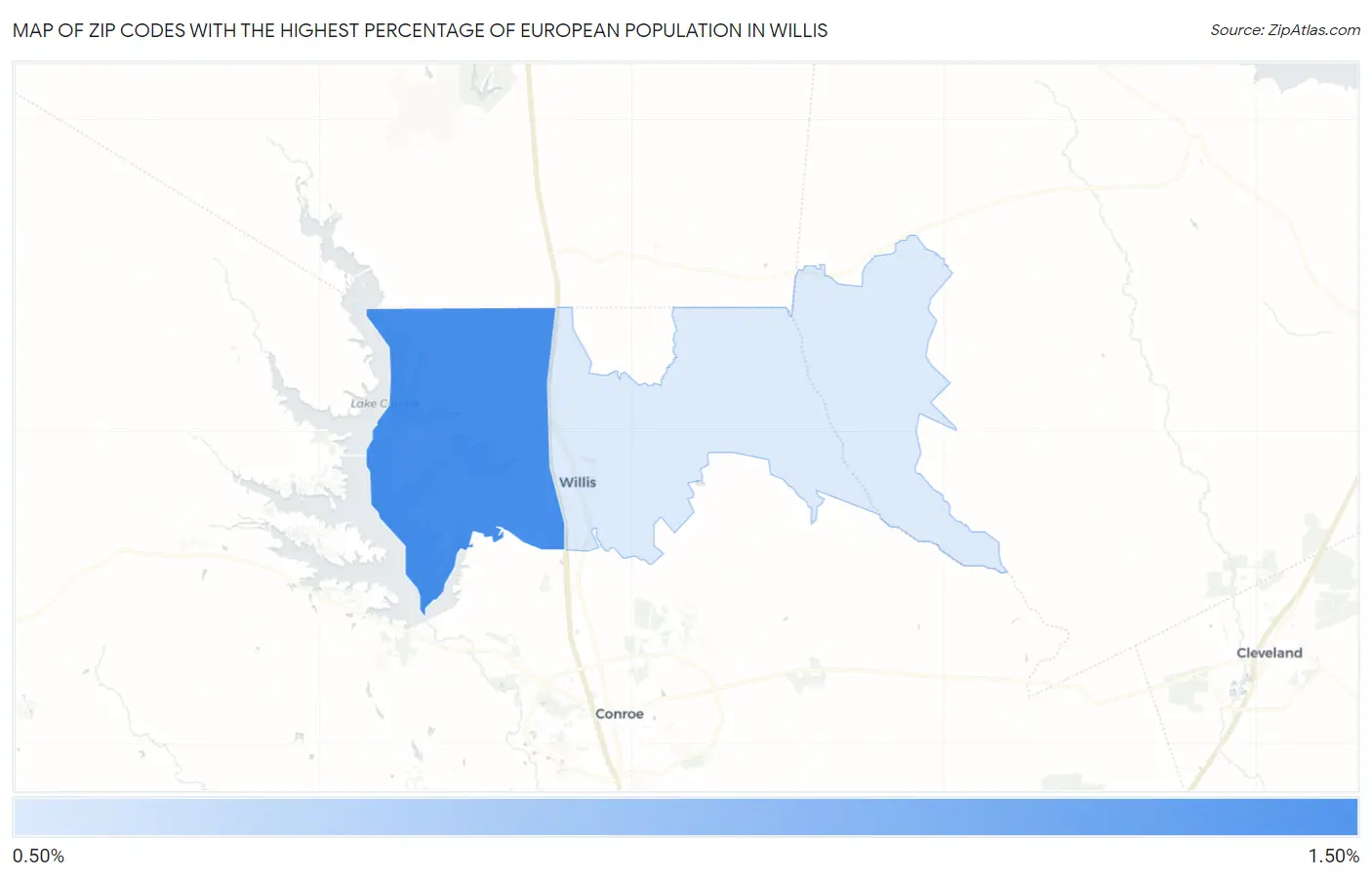 Zip Codes with the Highest Percentage of European Population in Willis Map