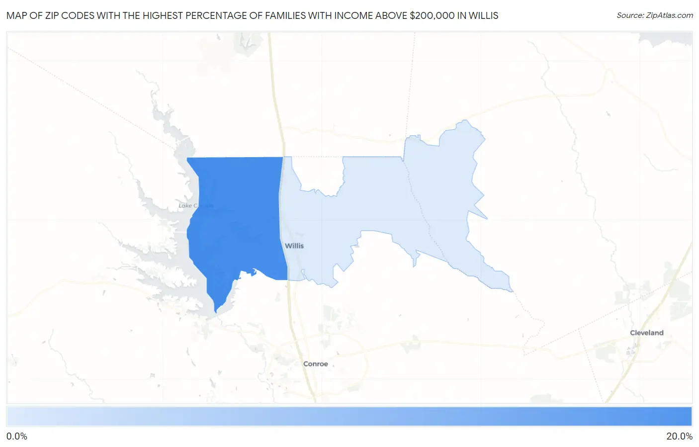 Zip Codes with the Highest Percentage of Families with Income Above $200,000 in Willis Map