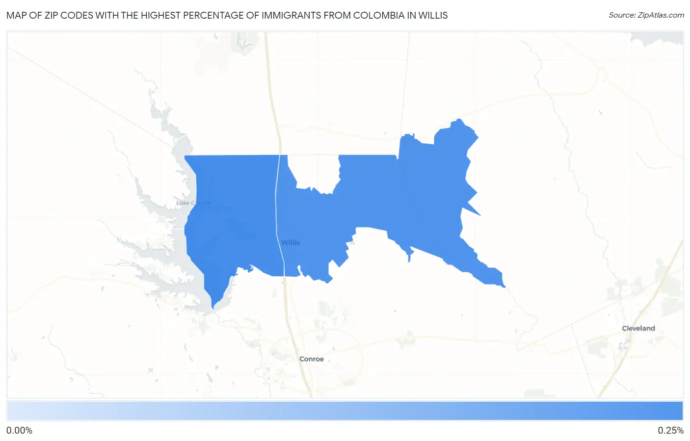 Zip Codes with the Highest Percentage of Immigrants from Colombia in Willis Map