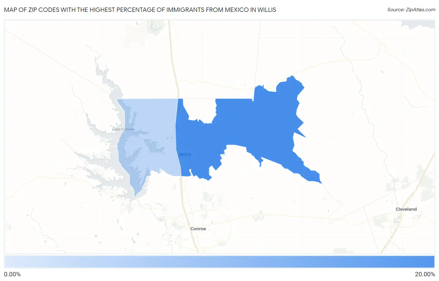 Zip Codes with the Highest Percentage of Immigrants from Mexico in Willis Map